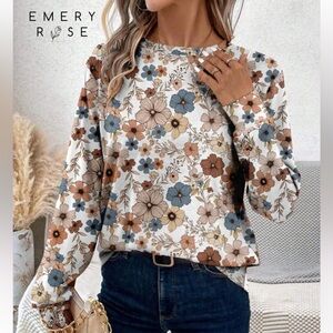 Emery Rose Women’s Floral Round Neck Long Sleeve Shirt for Business/Casual